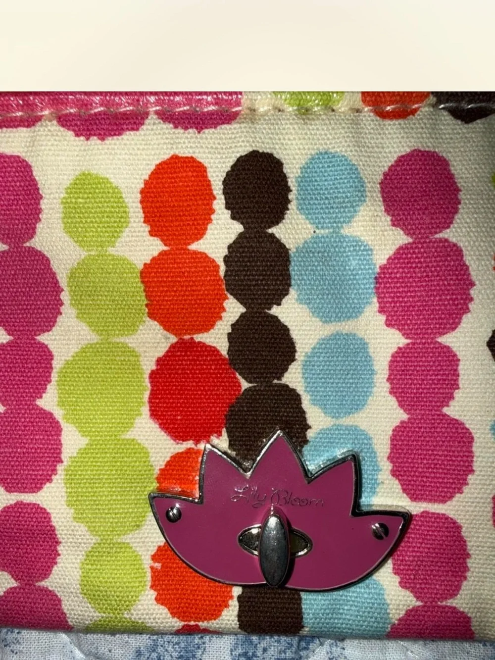 Vintage Y2K Lily Bloom Teal Top Multicolor Dot Wristlet with Tan Strap
